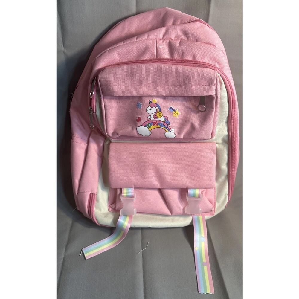 Unicorn Pink rainbow Pastel Backpack 18” Lots Of Pockets And Zippers